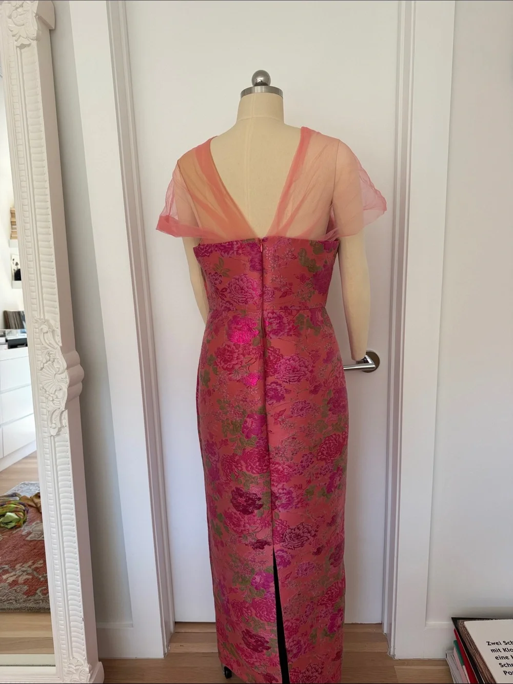 Theia Pink and Green Floral Brocade Maxi Gown with Sheer Capelet - Picture 2 of 8